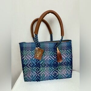 Blue and Brown Woven plastic Handbag with canvas cross body strap
